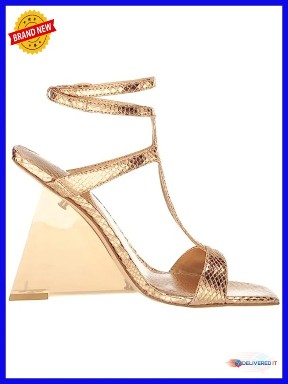 Shimmery Square Toe Wedge Sandal with Ankle Strap